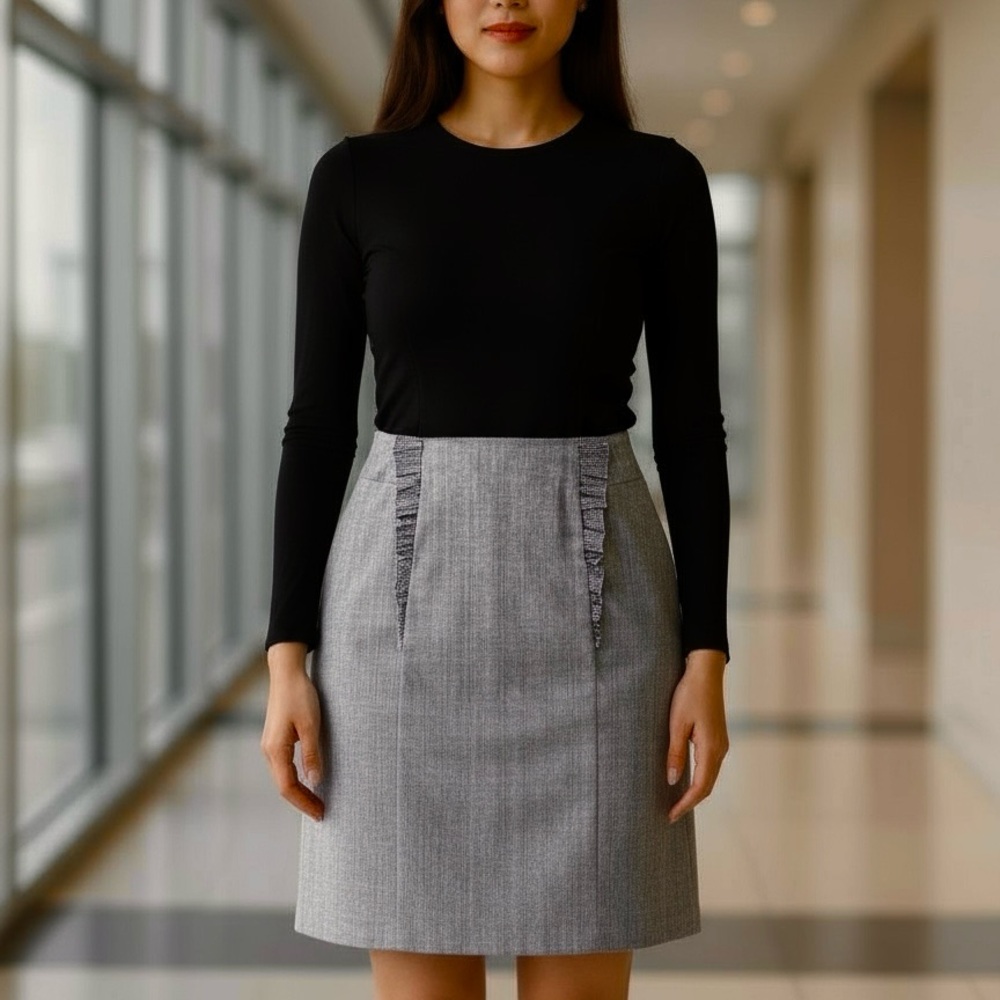 Anthropologie Girls From Savoy Just Right Pencil Skirt Gray Wool Blend Ruffle